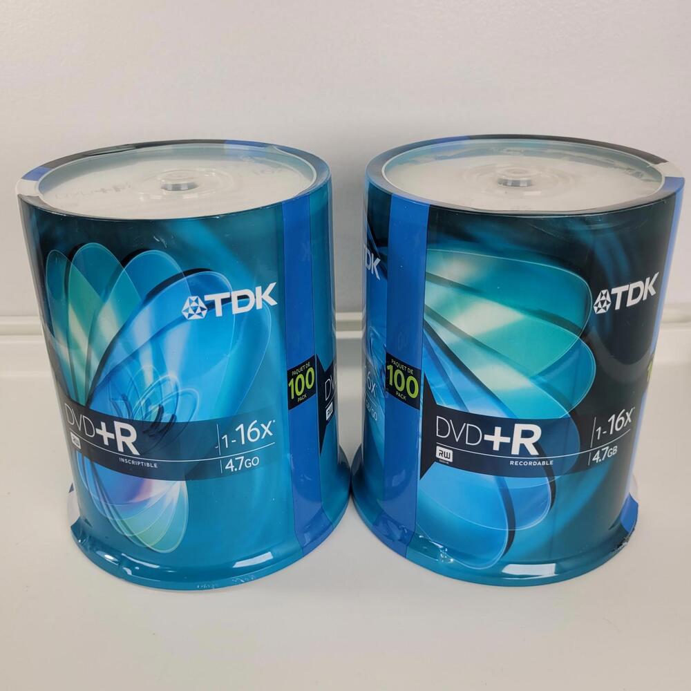2 x TDK DVD+R 4.7GB 100 Pack 16X Optical 120min Recordable Disc Spindle​ New